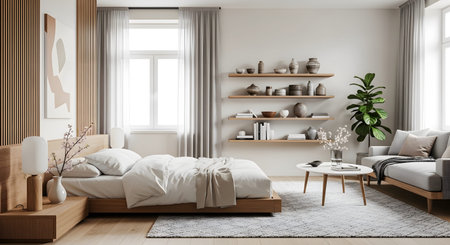 Stock showing serene scandinavian bedroom with a wooden platform bed and white linens, featuring...