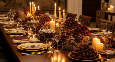 A richly decorated dining table is laden with dates, lit candles, and golden tableware....
