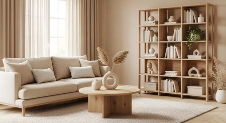 Stock showing serene beige living room with sectional sofa, round coffee table, and wooden...