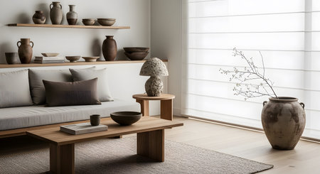 Stock showing serene living room with neutral toned sofa and wooden furniture featuring...の写真素材