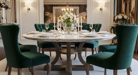 A round marble dining table is set with plates and glassware, surrounded by dark green velvet...