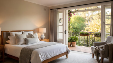 Neutral showing bedroom with a king-size bed and an open door to a balcony overlooking a green...