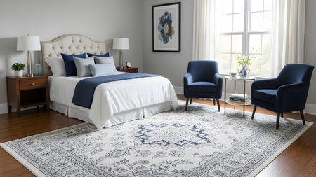 A well-appointed bedroom showcases a tufted bed with blue accents and a detailed oriental rug.