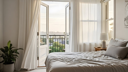 showing bedroom with open balcony doors and greenery view.