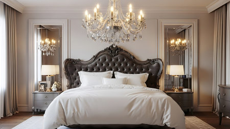 A grand bedroom featuring a dark tufted headboard, crisp white bedding, and a sparkling crystal...