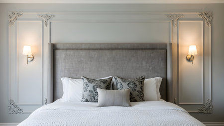 Grey showing bedroom with a tufted grey headboard and ornate wall paneling. resolution...
