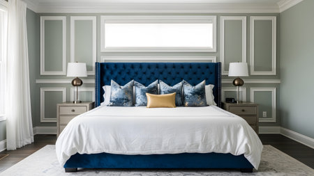 King showing blue tufted headboard bedroom with paneled walls and natural light. resolution...