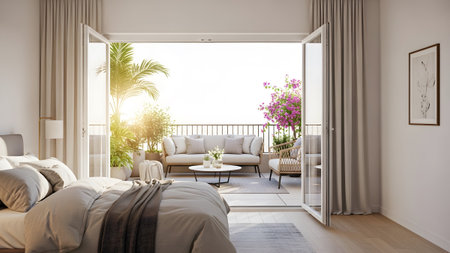 With showing bright bedroom with open doors to a balcony filled with plants and outdoor seating...