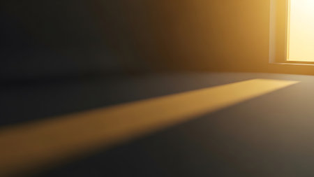 Long showing golden sunlight streams through a window casting a long bright rectangular shadow...