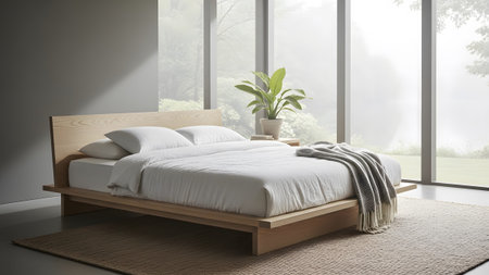 A bright bedroom with a light wood bed and abundant natural light streaming through large windows.
