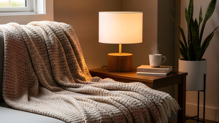 A textured knitted blanket drapes over a sofa beside a wooden table with a warm lamp, a steaming...