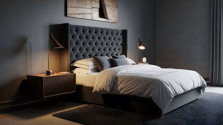 A dark grey tufted headboard bedroom with a modern wooden bedside table and warm lamp lighting.