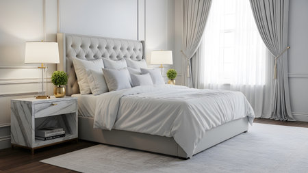 Nightstand showing grey tufted headboard bedroom with marble nightstand and crisp white bedding....