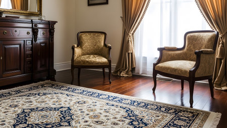 Interior showing living room with ornate furniture and detailed persian rug. resolution...
