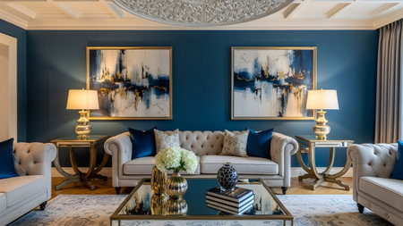 Blue showing living room with deep blue walls tufted sofa and abstract. resolution