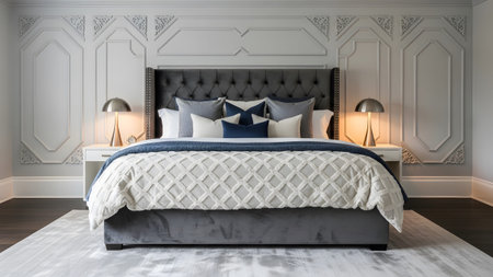 A master bedroom a dark grey tufted headboard, white and blue bedding, and ornate geometric wall...