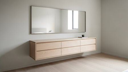 Large showing light wood floating dresser with six drawers mounted on a wall with a large...
