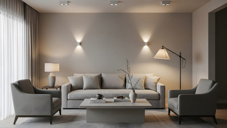 Living showing modern living room with sofa, armchairs, and wall sconces. resolution