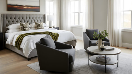 Grey showing modern bedroom with tufted bed and two grey chairs. resolution