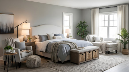 King showing serene master bedroom with king size bed and cozy seating area featuring natural...