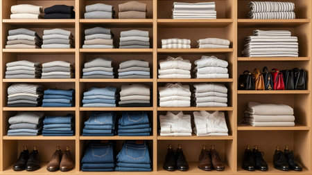 Arranged showing neatly folded clothes and shoes arranged on wooden shelves in a closet.