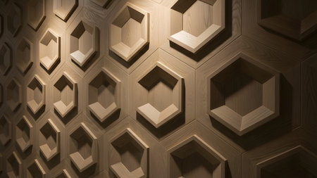 215238 showing geometric wooden wall panels with hexagonal insets and dramatic lighting creating...