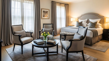 Large showing hotel suite bedroom with seating area and large windows.