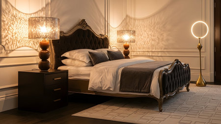 Warm showing bedroom with a dark tufted headboard bed, ornate lamps, and warm ambient lighting....