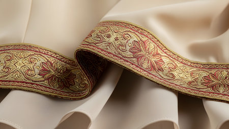 Close-up of ornate gold and red woven fabric trim with intricate patterns on a smooth cream