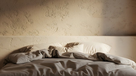 A rumpled beige duvet and pillows on a bed against a textured wall, bathed in soft, warm light...
