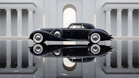 A sleek black vintage car with white wall tires is showcased on a highly reflective surface,...