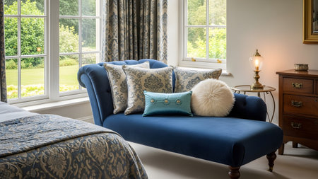 Lounge showing blue chaise lounge with patterned pillows and bedroom decor.