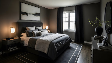 Bed showing dark and moody bedroom with a large bed, abstract and dark curtains near a window....