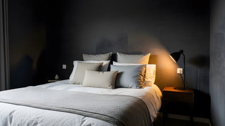 20260225 showing cozy bedroom with dark walls and warm lamp light. resolution