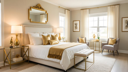 20260225 showing glamorous bedroom with gold accents and a large ornate mirror. resolution...