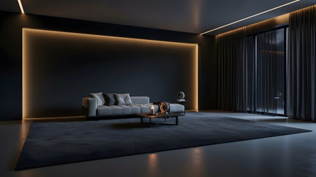 A dark, modern living room featuring a grey sofa, a low coffee table, and warm ambient orange...