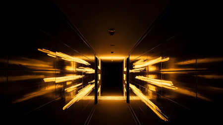 dark hallway with reflective walls and streaking golden light effects.