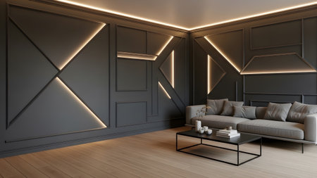20260225 showing dark modern living room with geometric wall and ambient lighting.