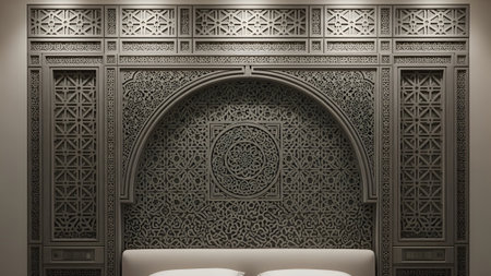 Creating showing intricate grey carved headboard with geometric patterns and an arched central....