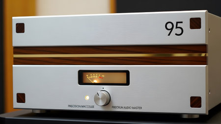 20260225 showing fidelity audio amplifier with wood accents and vu meter display.