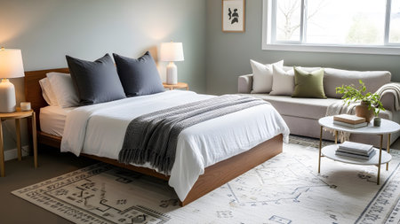A modern bedroom with a wooden bed, grey sofa, and a patterned rug, decorated with plants.
