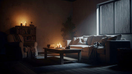 A dark living room a sofa, armchair, and coffee table illuminated by the warm glow of lit candles.