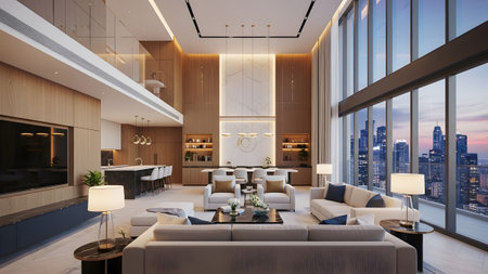 Cityscape showing modern luxury apartment interior with cityscape at dusk.