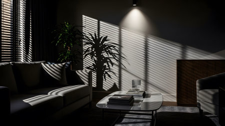 A dimly lit modern living room a sofa, armchair, and coffee table with books and a glass.
