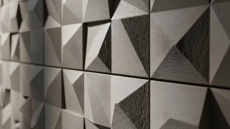 Wall showing textured gray geometric facade with angular facets and shadows. resolution...