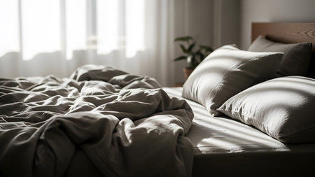 With showing sunlit bedroom with rumpled grey bedding and pillows bathed in light rays.