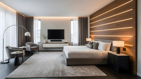 King showing spacious modern bedroom with a feature wood-paneled wall, ambient lighting, and a...