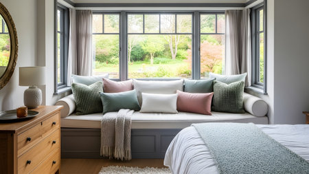 A bedroom with a window seat adorned with colorful pillows and throws, offering a view of a lush...