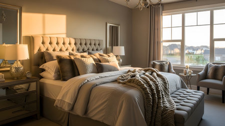 Soft showing bedroom with tufted headboard, plush bedding, mirrored nightstand, and large window...