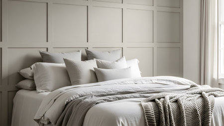A serene beige bedroom with a paneled wall, a comfortable bed adorned with white and grey...
